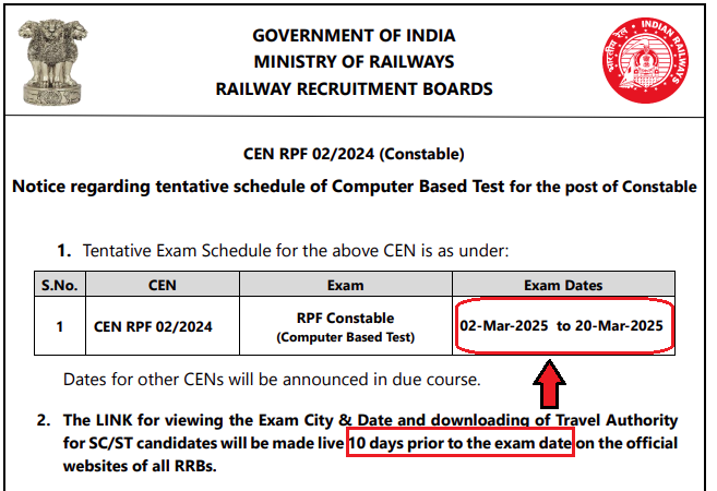 RPF Constable Exam Date admit card